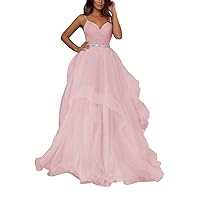 V Neck Tulle Prom Dresses Long Spaghetti Straps Ball Gown Tiered Glitter Formal Evening Dress Blush Size 16