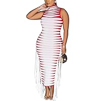 Women Ribbed Tassel Dress Sexy Bodycon Sleeveles Mock Neck Casual Stripe Summer Dresses