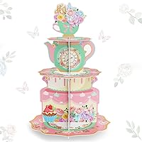 Floral Tea Party Cupcake Stand 3 Tier Spring Floral Tea Pots Cupcake Holder for Vintage High Tea Party Baby Shower Princess Birthday Tea Party Decoration (Floral)