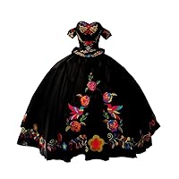 Mollybridal Sweetheart Ruched Satin Floor Length Quinceanera Dresses Black Charro Mexican Theme Style Masquerade Flower Embroidery Black 24