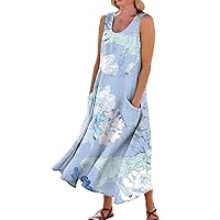 Plus Linen Clothing Bohemian Dress for Women 2024 Floral Print Casual Loose Fit Linen with Sleeveless U Neck Pockets Dresses Light Blue 3X-Large