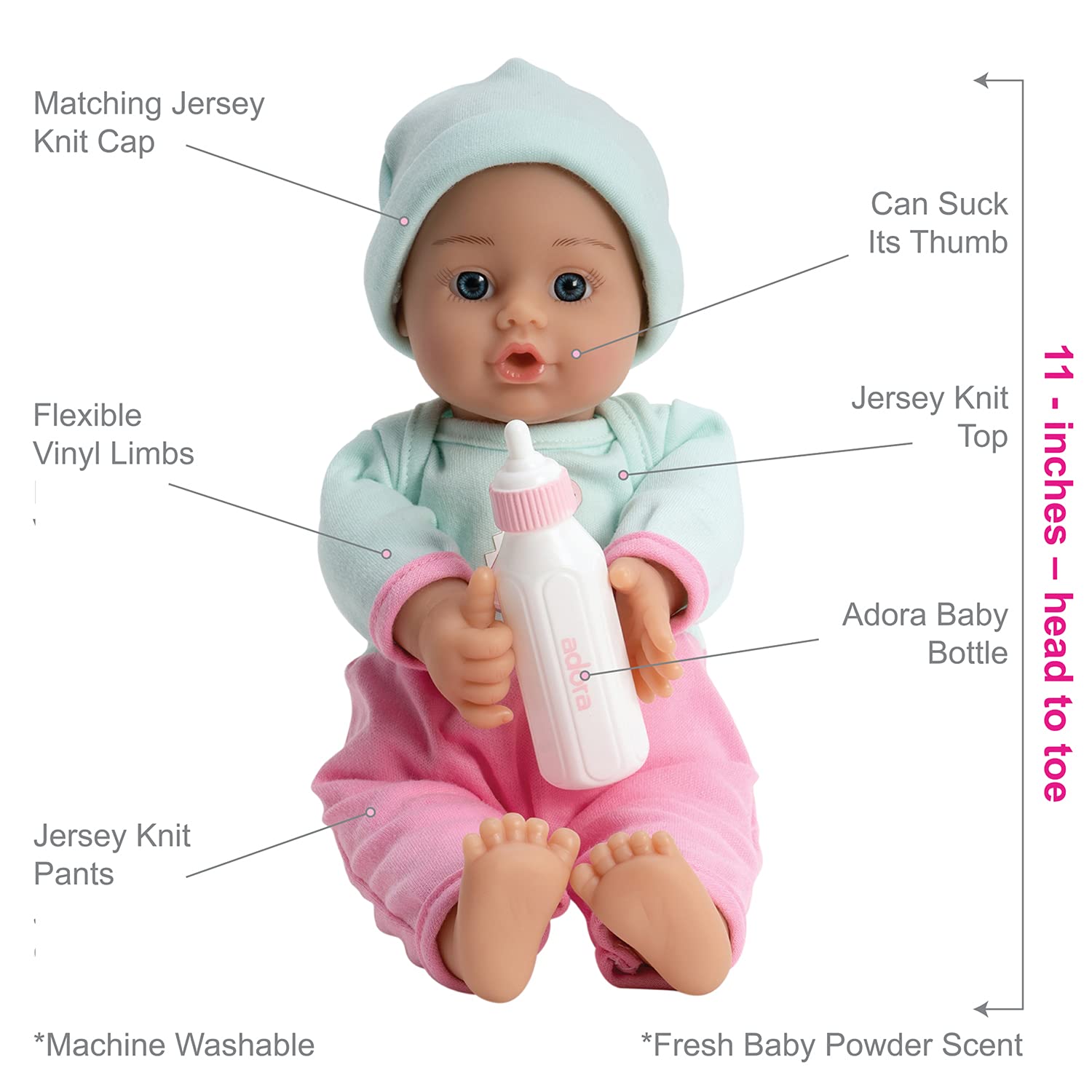 Adora Soft Baby Doll Girl, 11 inch Sweet Baby Pink Dino, Machine Washable (Amazon Exclusive) 1+