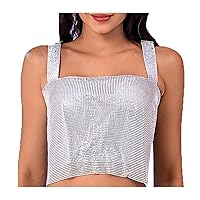 Fstrend Women Crystal Crop Top Sparkly Rhinestones Silver Tank Tops Shimmer Rave Party Night Club Outfits