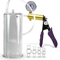 LeLuv Ultima Penis Pump - Purple Silicone Grips, Clear Hose + Gauge, 4 Constriction Rings - 9