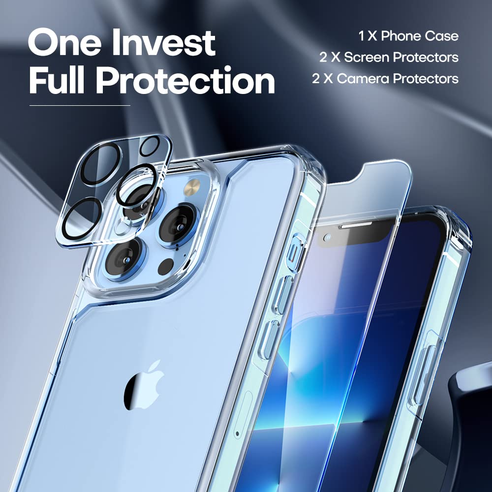 TAURI 5-in-1 for iPhone 13 Pro Case, [Not-Yellowing] with 2 Screen Protector + 2 Camera Lens Protector, [Military Grade Protection] Shockproof Slim for iPhone 13 Pro Phone Case 6.1 inch, Clear
