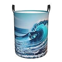 Ocean Sea Wave Round waterproof laundry basket,foldable storage basket,laundry Hampers with handle,suitable toy storage
