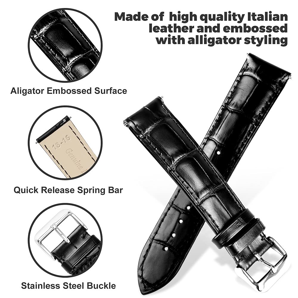 MAOSEMSI Quick Release-Top Leather Watch Band Strap Men and Women -Choice of Width 18mm, 20mm or 22mm，Black Calfskin Alligator Grain Adapt to Samsung Galaxy Watch 3 Wrist Strap