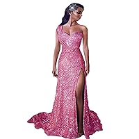 One Shoulder Sequin Mermaid Evening Gown Ruched Split Prom Dresses