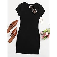 Dresses for Women - Solid Rib-Knit Dress (Color : Black, Size : X-Small)
