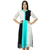 Bimba Women's Classic Mandarin Collar Dress Georgette Tricolor Midi Summer Chic Dresses