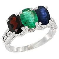 10K White Gold Natural Garnet, Emerald & Blue Sapphire Ring 3-Stone Oval 7x5 mm Diamond Accent, sizes 5 - 10