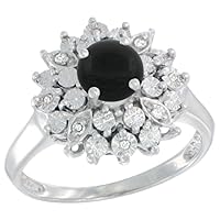 Sterling Silver Natural Black Onyx Ring Oval 6x4, Diamond Accent, Sizes 5-10