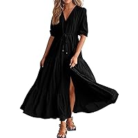 Women’s Summer Loose Boho Flowy Casual Dresses V Neck Long Puff Sleeve Beach Flowys Smocked Long Maxi Dresses 2024