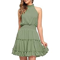 Kissonic Women's Summer Sleeveless Halter Neck Mini Dress Ruffled A Line Elastic Waist Smocked Garden Party Dress