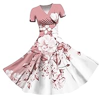 Rockabilly Dresses for Women Princess Dress Sexy V-Neck Solid Color Block Gradient Print Short Sleeve Swing Dress