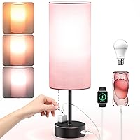 Small Pink Bedside Lamp with 3 Color Temperatures, Pull Chain Nightstand Table Lamp with USB Port Outlet for Kids Bedroom Guestroom Livingroom Dorm,1 Pack
