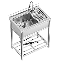 Stainless Steel Utility Sink, Free Standing Laundry Sink with Washboard, Laundry Tub Sink with Cold and Hot Water Faucet for Laundry Room Kitchen Garage Basement Shop Garden, Indoor and Outdoor Sink