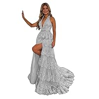 Women's Halter Tulle Prom Dress Tiered Ruffle Formal Evening Party Gowns with High Slit