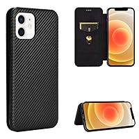 ZORSOME for iPhone 12 Mini 5.4 inch Flip Case,Carbon Fiber PU + TPU Hybrid Case Shockproof Wallet Case Cover with Strap,Kickstand Black