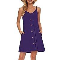 WNEEDU Women's Summer Spaghetti Strap Button Down V Neck Casual Beach Cover Up Dress with Pockets (XL, Purple)