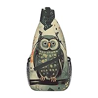 tree Animals Owl Print Sling Backpack Travel Sling Bag Casual Chest Bag Hiking Daypack Crossbody Bag For Men Women