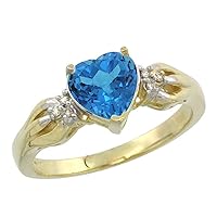 14K Yellow Gold Natural Swiss Blue Topaz Ring Heart-Shape 7x7mm Diamond Accent, Sizes 5-10