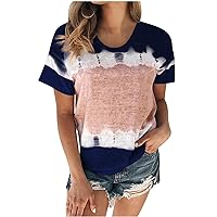 Women's Tie Dye Print T-Shirt Short Sleeve V Neck Tops Color Block Blouse Summer Casual Loose Tunic Tee