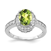 Solid 14k White Gold 8x6mm Oval Peridot Green August Gemstone Checker Diamond Engagement Ring (.276 cttw.)
