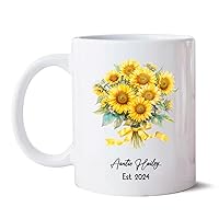 Sunflower Bouquet Porcelain Cup Gift, Custom Sunflower Ceramic Cup Add Text & Name, Best Flower Bouquet Tea Cup Gift, Customized Floral Coffee Mug For Flower Lover, White Pottery Cup 11oz 15oz