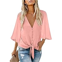 Andongnywell Women's Bell Sleeve Chiffon Blouses Summer Button Down V Neck Tops Casual Loose Tie Knot T-Shirt