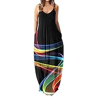 Boho Dress,Women's Maxi Dresses Summer Sleeveless Loose Colorful with Pocket Casual Long Sundress Plus Size