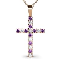 Amethyst & Natural Diamond (SI2-I1, G-H) Cross Pendant 0.88 ctw 14K Gold. Included 16 Inches 14K Gold Chain.