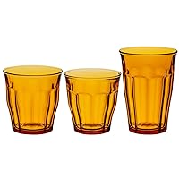Duralex Made In France Picardie 18-Piece Glass Tumbler Drinking Set, Amber. Set includes (6 Units) 8-3/8 oz Tumblers; (6 Units) 10-3/8 oz Tumblers; (6 Units) 12-1/8 Tumblers