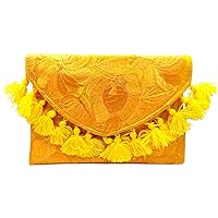 Floral Embroidered Pom Tassel Fringe Slim Envelope Clutch Purse Crossbody Strap Bag - Women Fashion Handmade Boho Accessories