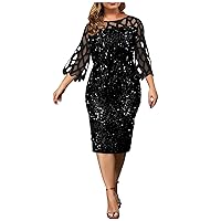 Sequin Dress for Women Fashion Sexy Mesh Plus Size Solid Color Long Sleeve Splicing Perspective Sequin Dress