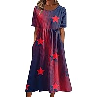 Floral Dress for Women,Women's Casual Dresses Printed Summer Dresses Pleated Round Neck Midi Dresses Basic Classic