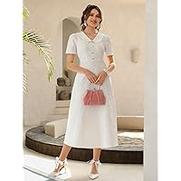 2023 Women's Dresses Fake Button -line Jacquard Dress Women's Dresses (Color : White, Size : X-Large)