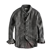 Men Linen Yarn-Dyed Shirt Japan Style Retro Long Sleeve Solid Color grey8 Gentlemen All-Match Washing Tops