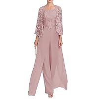 3Pieces Women Outfits Formal Jumpsuits Mother of The Bride Dress Pant Suit for Wedding Guests Dresses Elegant 3/4 Sleeves Evening Gown 16 Dusty Pink