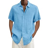 Mens Cotton Linen Dress Shirts Summer Casual Short Sleeve Lightweight Button Down Spread Collar Beach Hawaiian Shirts