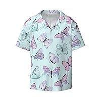 Blue Purple Butterfly Men's Summer Short-Sleeved Shirts, Casual Shirts, Loose Fit with Pockets