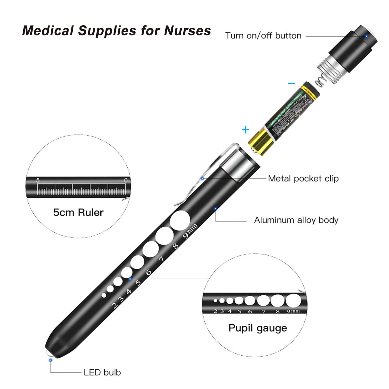 Opoway Pen Lights for Nurses, Pupil Gauge Penlight for Doctor, Nurse Pen Light Medical, Diagnostic LED Reusable Penlight, Nursing Accessories Gift for Doctor, Nurse, Medical Student, EMT Black/White