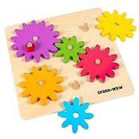 Spinny Gears - Wooden Gear Board with 6 Pieces in 3 Sizes - Gear Puzzle for Kids - Create Colorful, Spinning Combinations