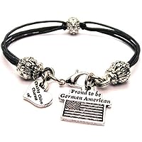 Proud to Be German American, Pewter Beaded Black Waxed Cotton Cord Bracelet, 2.5