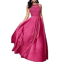 Halter Applique Beaded Prom Dresses Long Evening Gowns for Women with Pockets