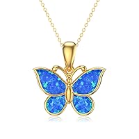 14K Gold Butterfly Necklaces For Women Solid Gold Butterfly Pedant Necklace With Blue Opal For Women Girls Gold Opal Necklace Delicate Butterfly Jewelry For Her, 16+1+1 inches