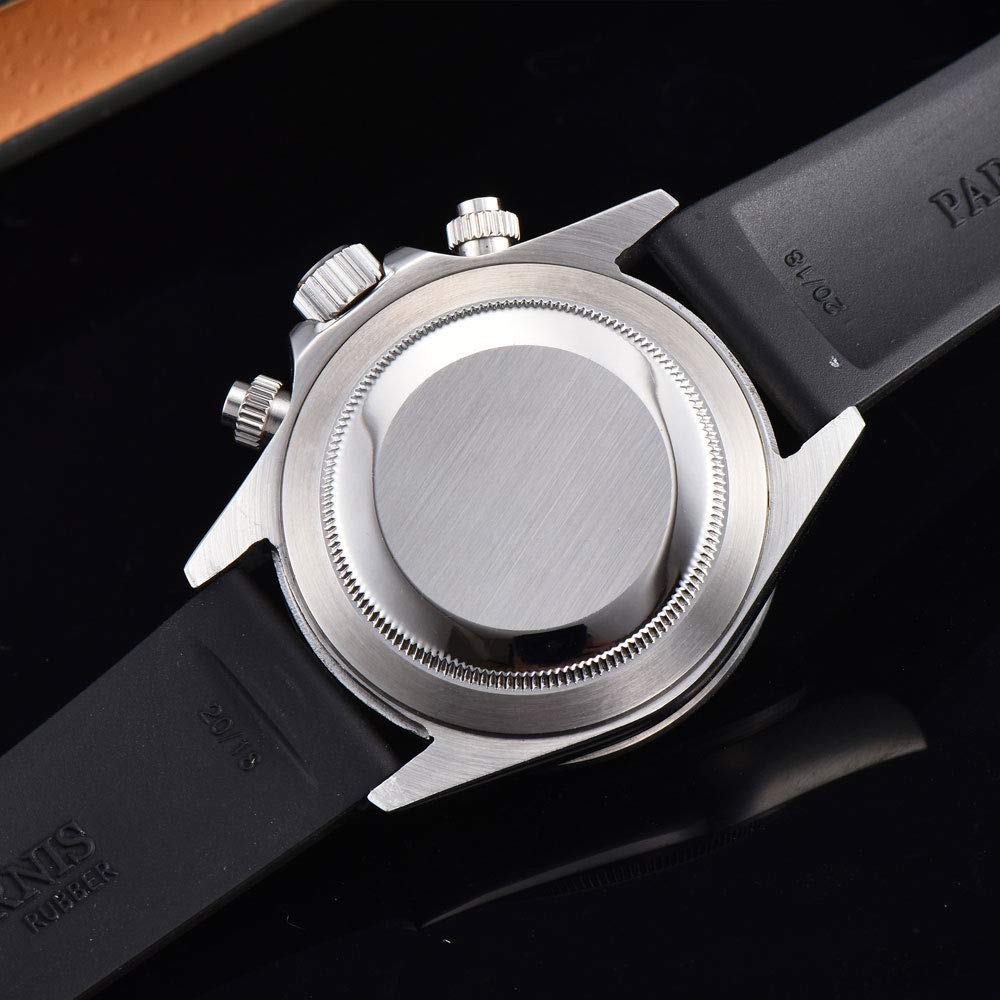 WHATSWATCH Sapphire Crystal Parnis 39mm White Dial Black Ceramic Bezel Chronograph Japanese Quartz Movement Men's Watch Rubber Strap