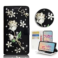 STENES Bling Wallet Phone Case Compatible with Moto G Play (2023) - Stylish - 3D Handmade Girls Women Pretty Rose Flowers Floral Magnetic Wallet Stand Leather Cover Case - Black