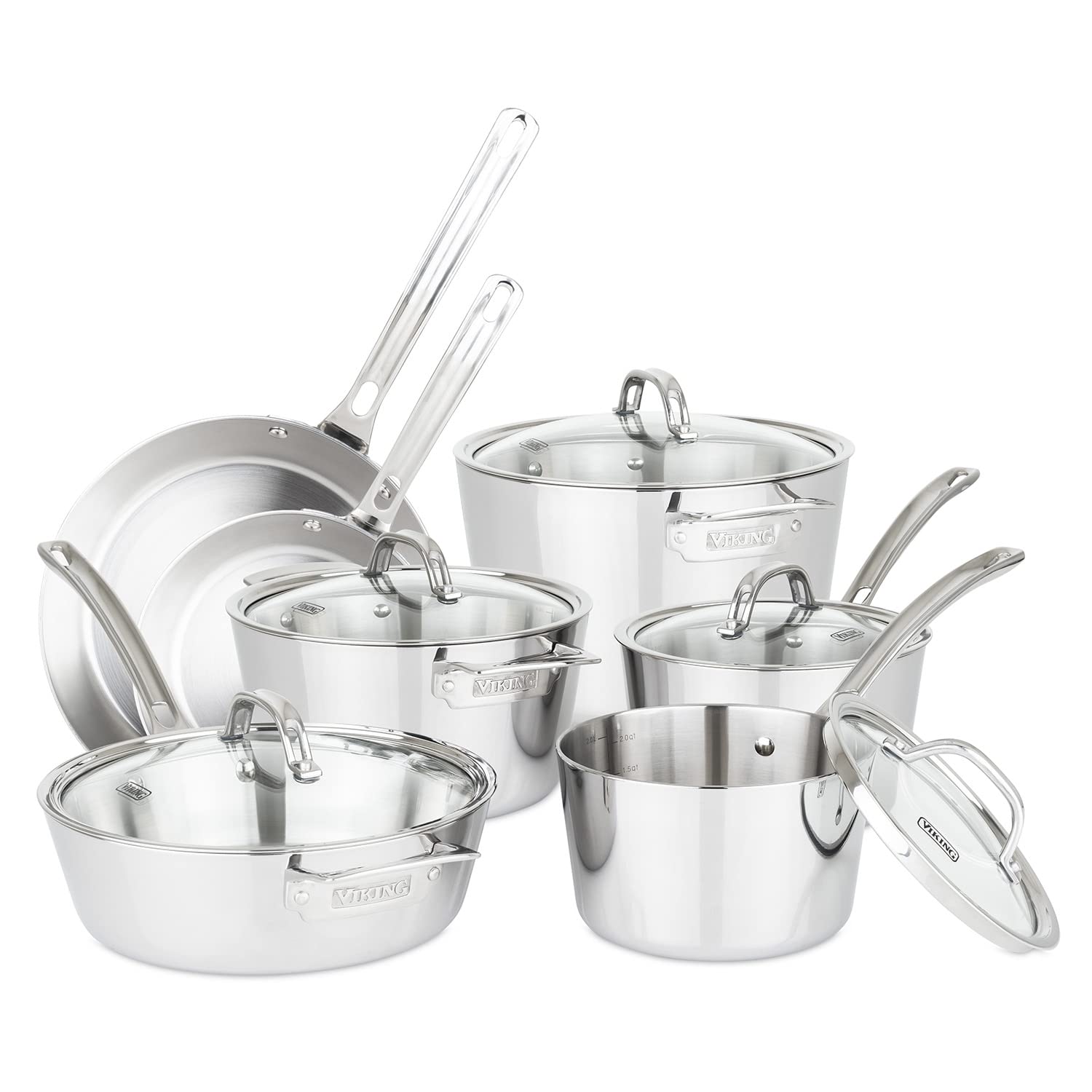 Viking Culinary Contemporary 3-Ply Stainless Steel Cookware Set with Glass Lids, 12 Piece | Dishwasher, Oven Safe | Works on All Cooktops including Induction