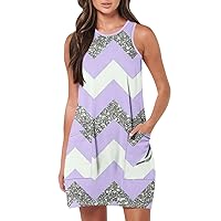 Dresses for Women 2024 Party, Summer Dress Casual Sleeveless Bow Tie Crew Neck A Line Midi Flowy Dresses Casual (L, Purple)